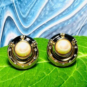 Vintage - Signed - PCI - Gold tone faux Pearl Horseshoe Rhinestone Earrings